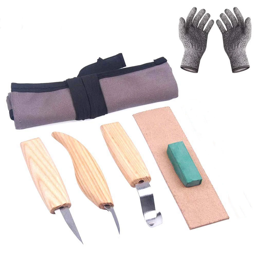 

6pcs High Manganese Steel Woodworking Carving Tools Cutter Spoon Sharpen Leather Polishing Wax with Cut-proof Gloves