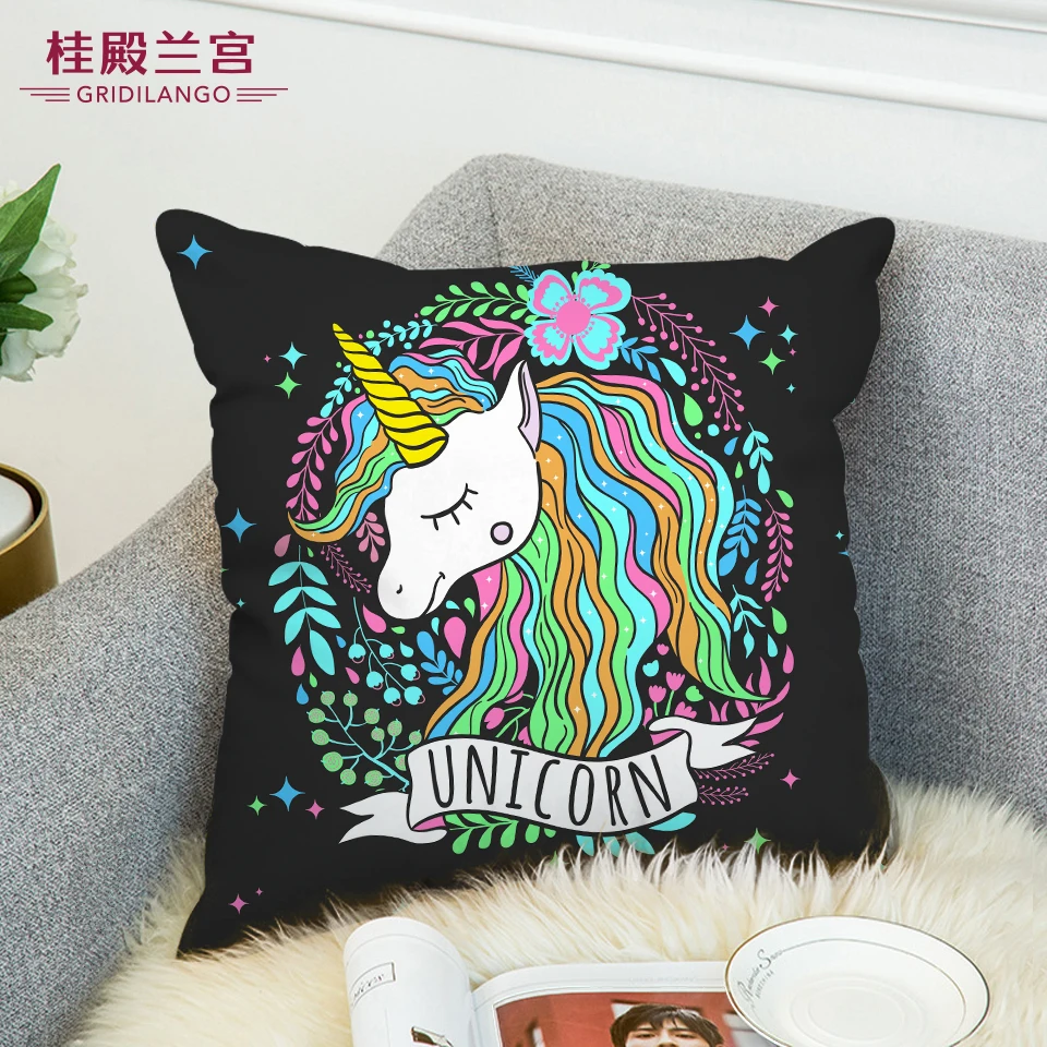 

GRIDILANGO Unicorn Black Cushion Cover Silk Double-Sided Throw Pillow Cover Polyster Cushion Case Sofa Decorative Pillow45x45cm