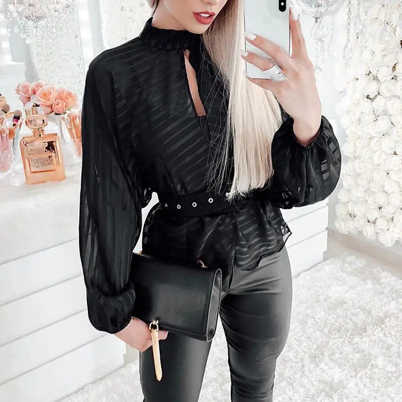 

Striped Sheer Top Keyhole Front Mesh Blouse Women Spring Sexy High Street Womens Tops and Blouses