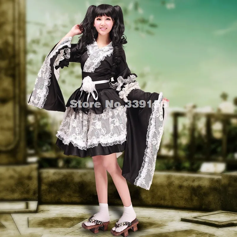 Фирменная Новинка Черный Кружево японское кимоно лолита Косплэй горничной черный и белый Косплэй Femal костюмы