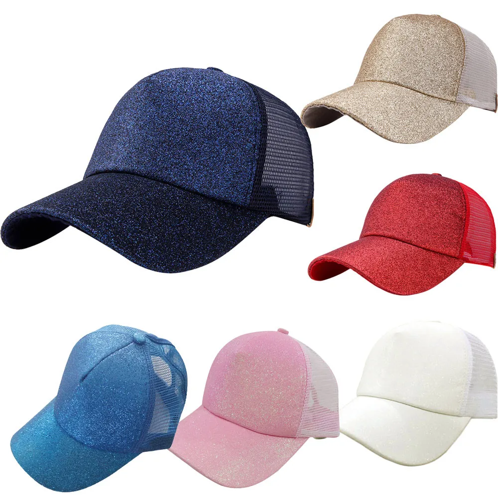 

Fashion Women Hat Summer Ponytail Baseball Cap Sequins Shiny Messy Bun Cotton Snapback Hat Sun Caps Solid Mesh baseball caps2019