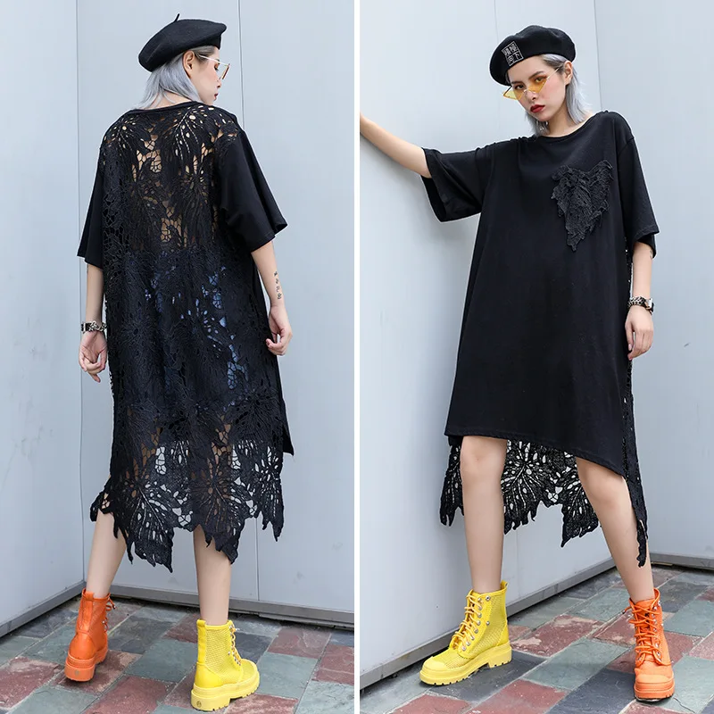 

Women Summer Short Sleeve Hollow Out Lace Spliced Loose Casual Black White Dress Female Streetwear Elegant Chic Backless Dresses