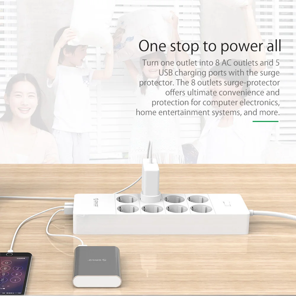 ORICO Electrical Socket EU Plug Extension Socket  Outlet Surge Protector EU Power Strip with 5x2.4A USB Super Charger Ports