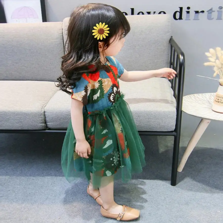 MUQGEW Children Kids Summer Girls Graffiti Print Net Yarn Princess Dress Clothes #XTN*