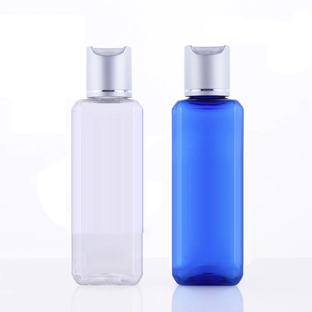 

20pcs 100ml Plastic Bottle Cosmetic Shampoo Containers PET Square Silver Foil Disk Top Cap Empty Toner Lotion Bottles Refillable