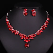 Nueva Moda de Lujo Plateado Cristal Rojo Joyería Nupcial Conjunto Para Las Novias Collar Pendiente Accesorios Del Banquete de Boda Regalo de Las Mujeres