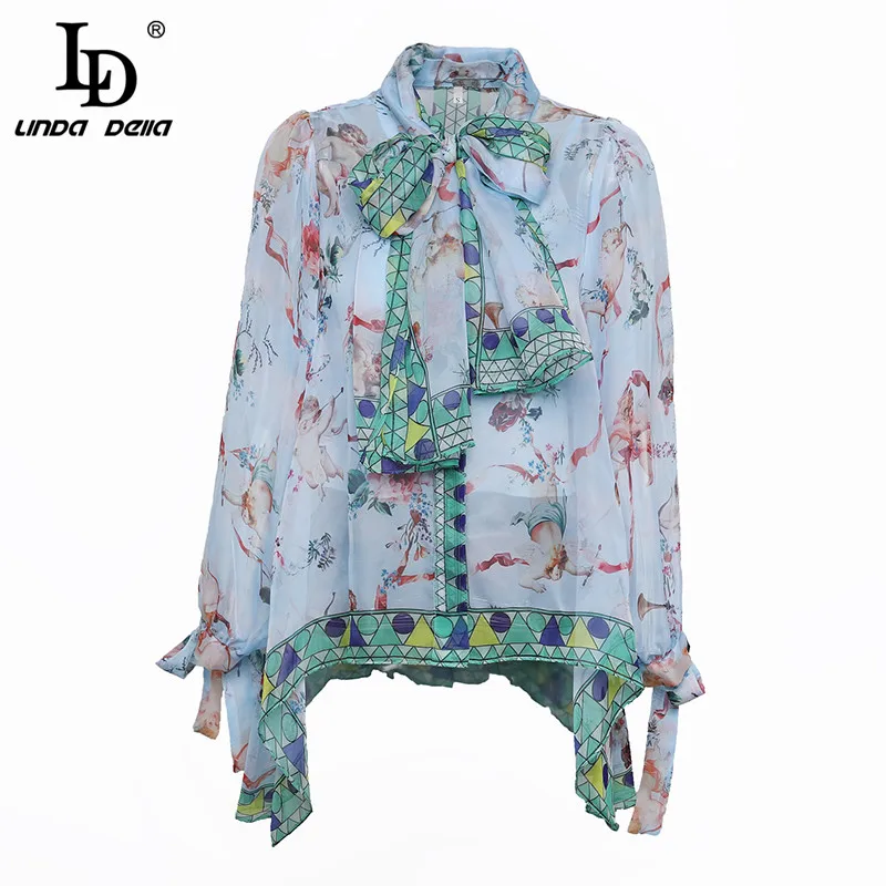 Prix LD LINDA DELLA Imprimé floral Blouse D été de Femmes À manches Longues Arc Col Chemise Décontractée Haute Qualité En Mousseline de Soie Tops femme