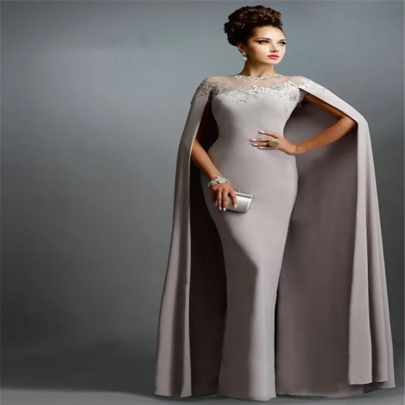 

New Abendkleider Satin Long Evening Dresses With Cape 2016 O Neck Floor Length Appliqued Lace Long Formal Evening Gowns