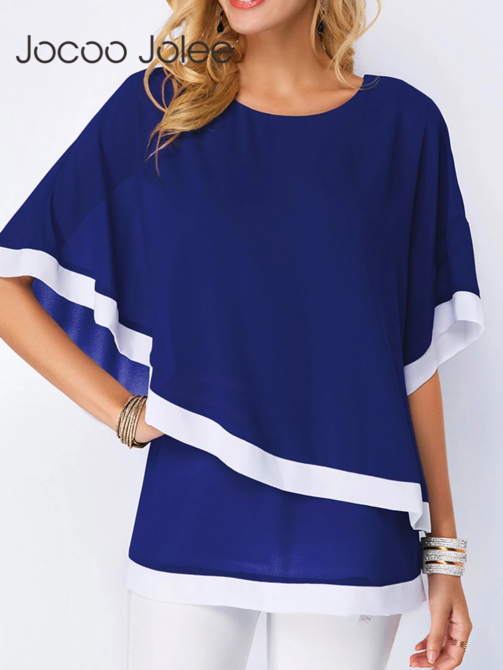 

Jocoo Jolee Plus Size S-5XL Chiffon Patchwork Irregular Blouse Shirts Casual Sexy Batwing O Neck Women Summer Blouses Tops Shirt