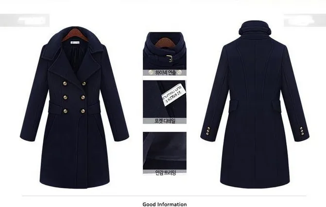 Новинка, модное шерстяное пальто со стоячим воротником, женское осеннее зимнее пальто, тонкое синее пальто размера плюс, шерстяное пальто