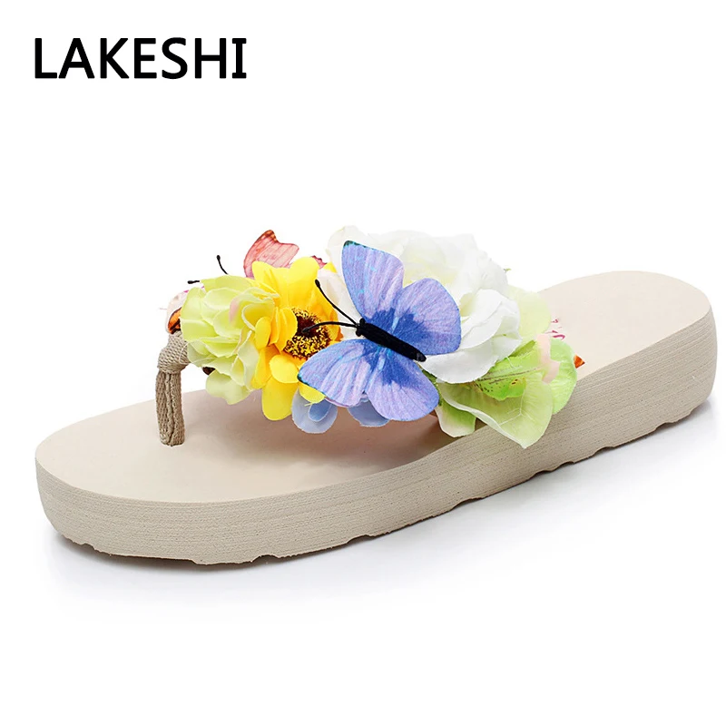 

LAKESHI Women Slippers 2018 Flip Flops Summer Women Sandals Bohemian Beach Shoes Black White