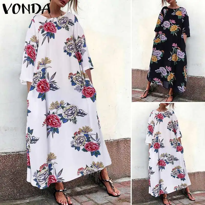 Макси платье женское летнее богемное Платье с принтом платья VONDA Весна Винтаж длинный рукав vestidos плюс размер халат Femme S-5XL
