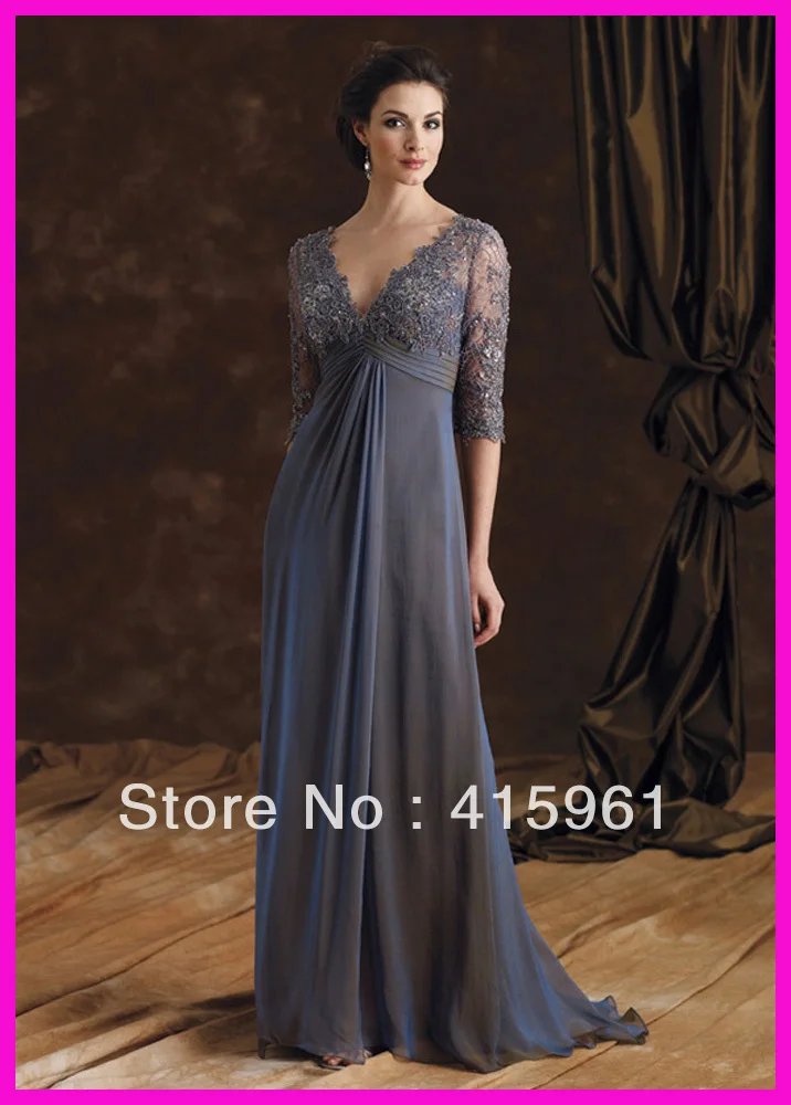 

Grey One Piece Beaded Lace Long Sleeve V-Neck Empire Mother Dresses Gowns Chiffon M464