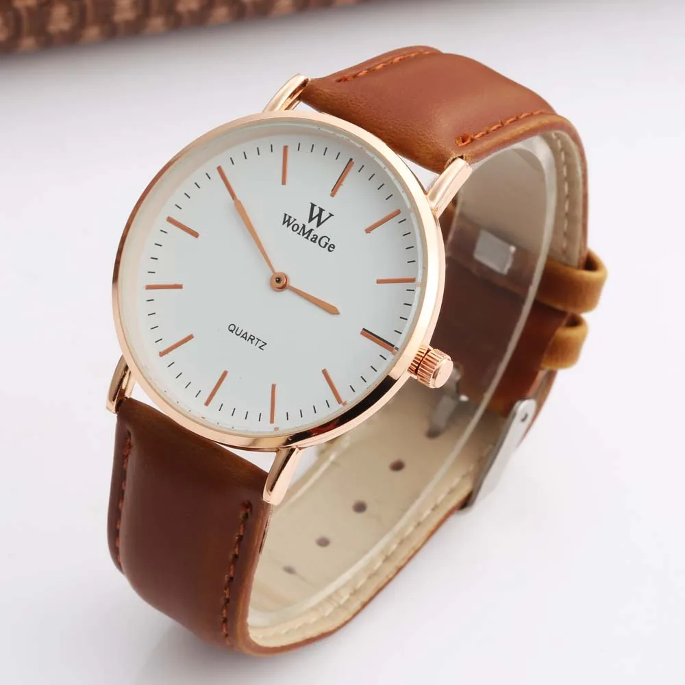 

Womage Fashion Casual Watch Simple Style Gold Case Leather Strap Quartz Watch Women Men Hour Unisex Wristwatch Hot Sale Relojes