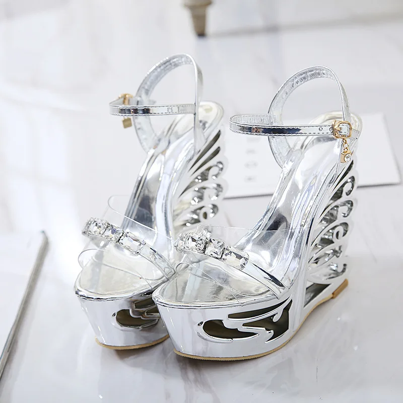 

T Platform Ladies Summer Women Wedges Strange High Heels Sandals Woman Transparent Crystal Stone Platforms Sandals 34-40