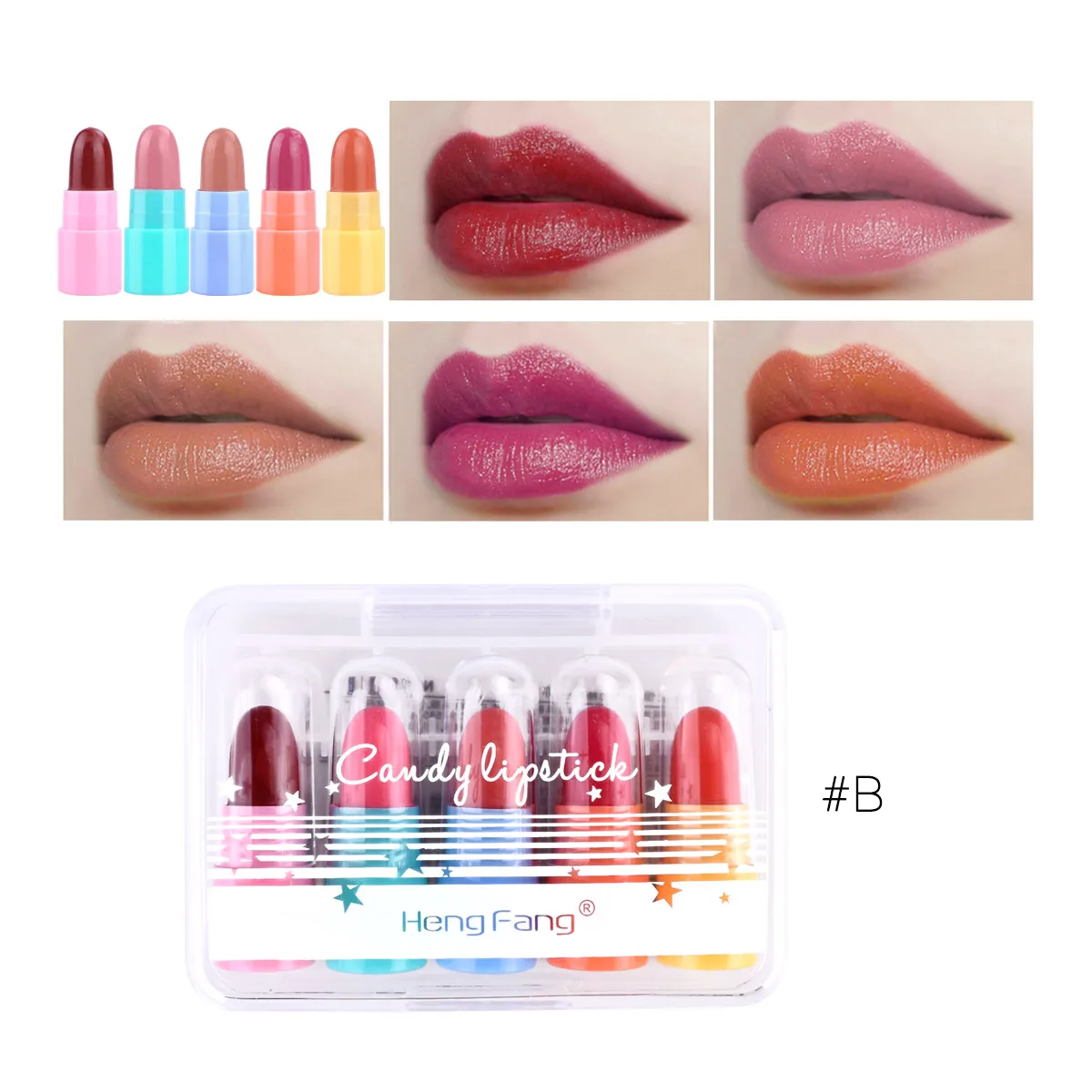 5 цветов/набор, водостойкая, долговечная, конфетная мини-помада, набор для путешествий, 1.2gx5, макияж губ, бренд HengFang#9038 - Цвет: B