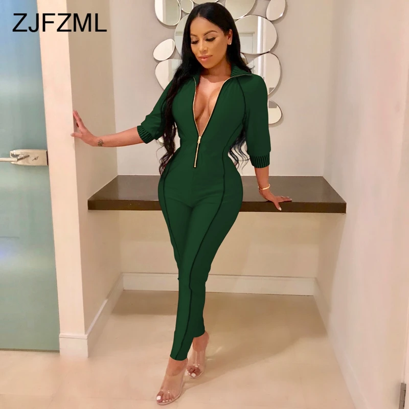 Front Zipper Sexy Rompers Womens Jumpsuit 2018 Turn-Down Collar Three Quarter Sleeve Bodycon Overalls Autumn One Piece Bodysuit