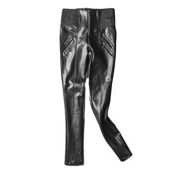 

Fashion brand elastic waist water wash PU leather pants female high waist skinny hip bag slim leather trousers wq1089 dropship