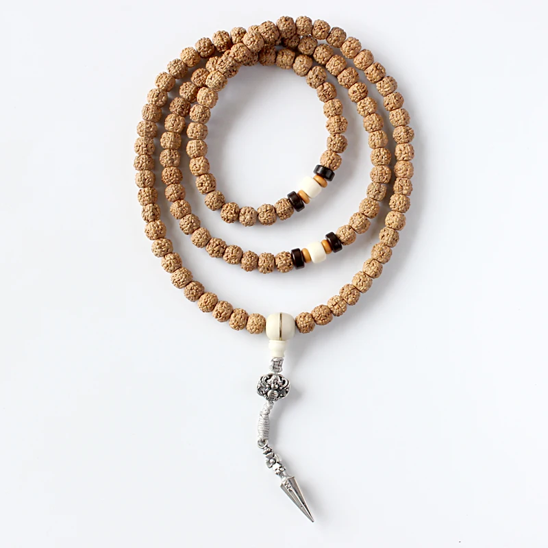 

108mala Rudraksha Tibetan Buddhism Prayer Beads Natural Wood Beaded Necklace With Antique White Copper Pendant Ethnic Jewelry