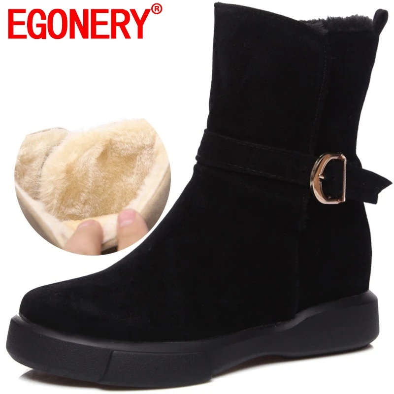 EGONERY/женские зимние ботинки, новинка 2018 года, стильные зимние теплые ботильоны с круглым носком на низком каблуке с плюшевой подкладкой