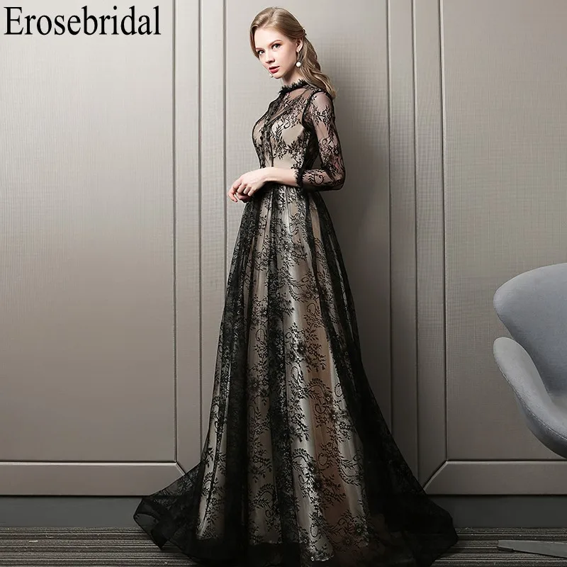 2019 3/4 Sleeve Evening Dress Long Black with Illusion Bodice Elegant O Neck Design Lace Prom Party Gowns Small Train 2019 3/4 Sleeve Evening Dress Long Black with Illusion Bodice Elegant O Neck Design Lace Prom Party Gowns Small Train