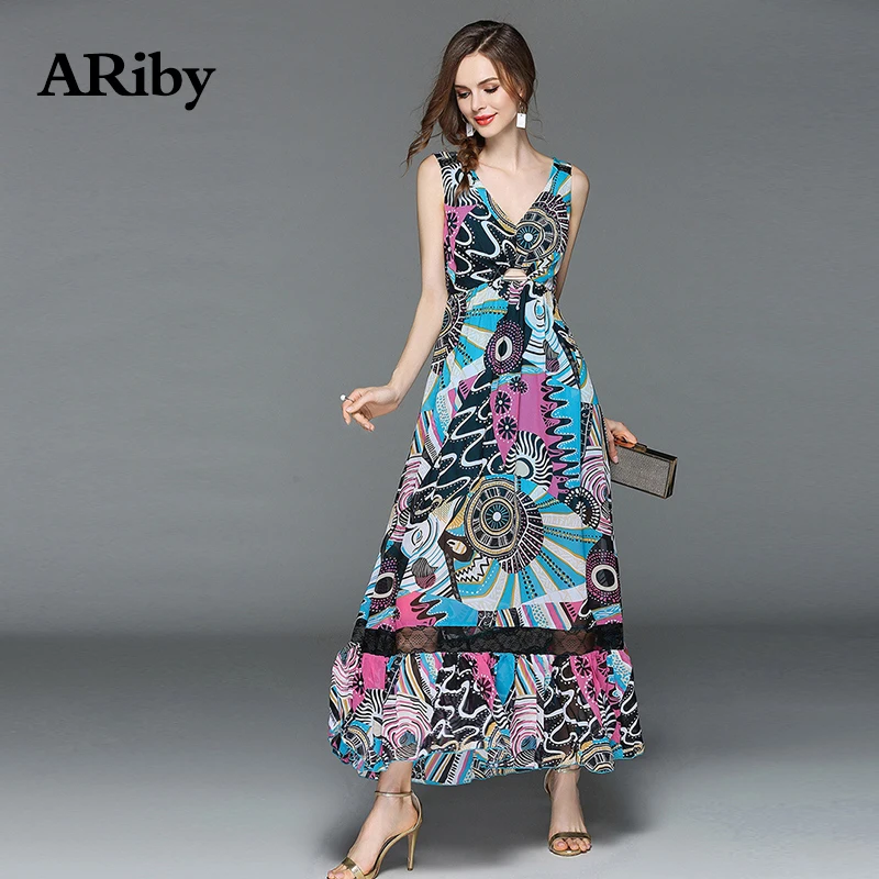 Women Dress Summer Maxi Long Dress ARiby New Lady Fashion Bohemian V-Collar Hollow Out Lace Sleeveless Printed A-Line Dresses