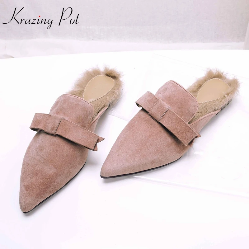 

Krazing Pot sheep suede butterfly brand shoes slip on fur wool sheep fur flat with outside slippers slingback winter shoes l73
