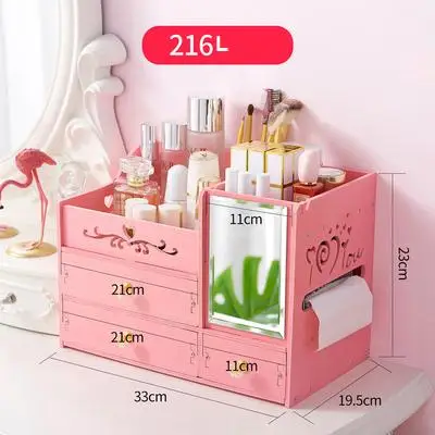 Косметический ящик для хранения, Настольный ящик, бытовой простой с зеркалом, туалетный столик, отделочная коробка, стойка для продуктов по уходу за кожей - Цвет: 216 pink
