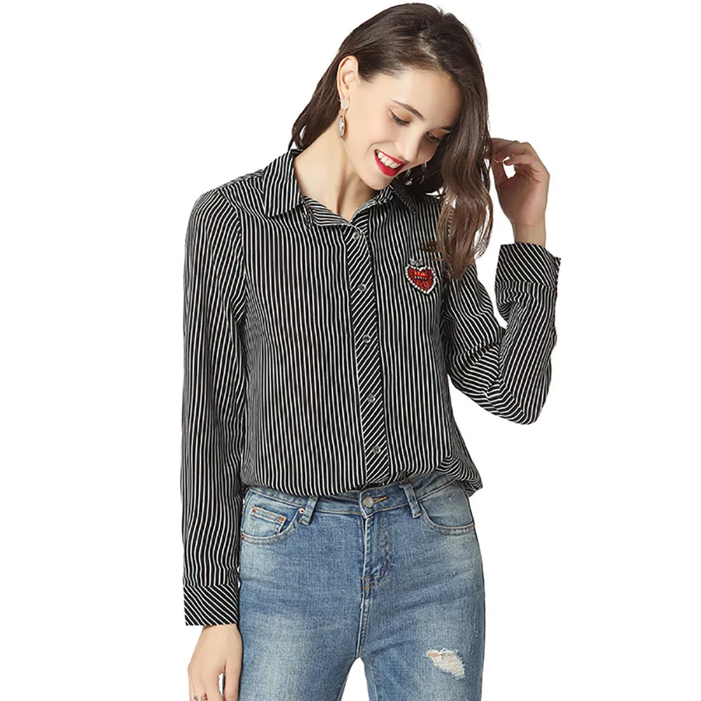 Feitong Rose Embroidery Work Shirts Women Ladies Long sleeved Shirts