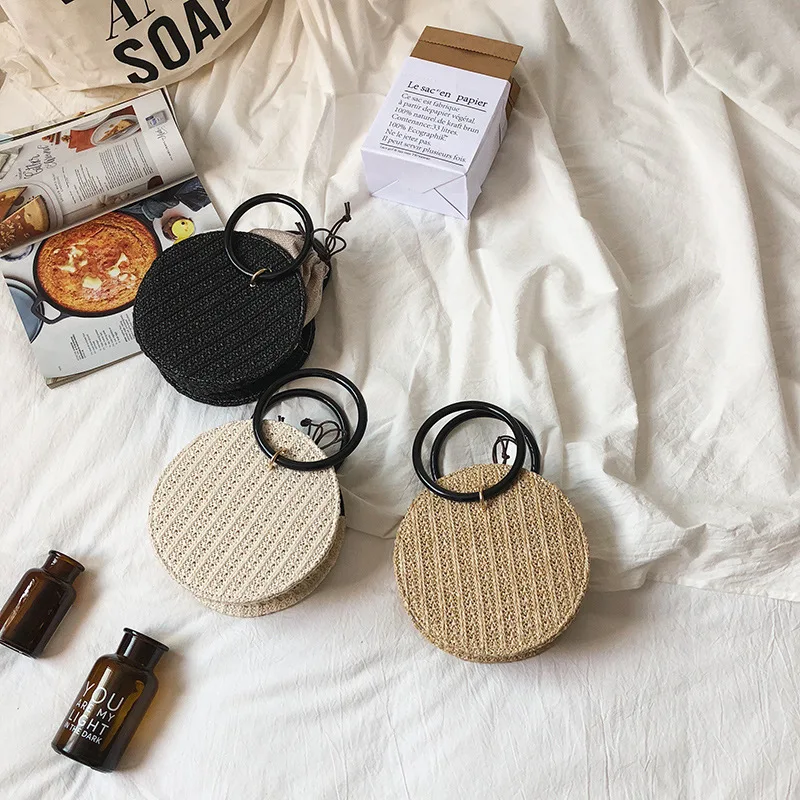 

Summer New 2018 Round Straw Bags Handmade Woven Beach Handbag Round Popularity Straw Women Shoulder Bag Beach Holiday Bag
