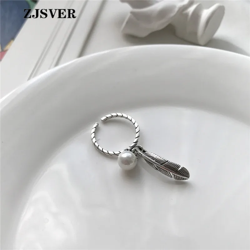 

ZJSVER Fine Korean Jewelry 925 Sterling Silver Ring Fashion Silver Leaf Shape Pearl Opening Adjustable Women Ring For Present