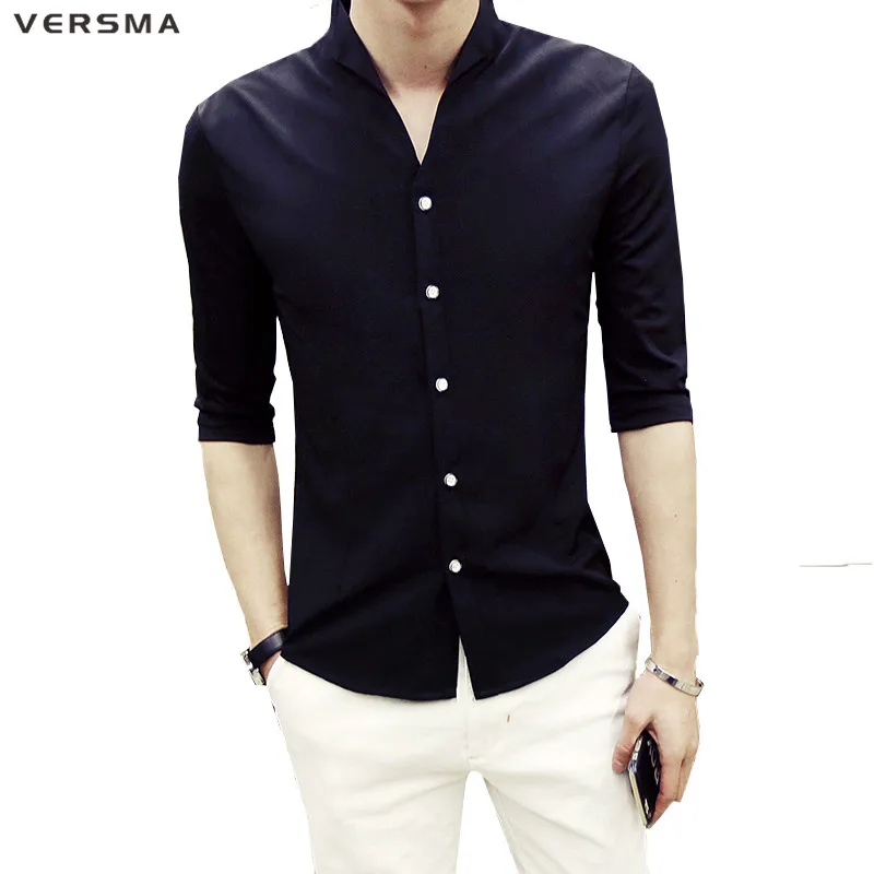 VERSMA 2017 Half Sleeve Men Solid Color Stand Collar Shirt Men Social