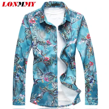 

LONMMY 7XL Floral shirts men dress long sleeve shirt male Flower casual Mens clothing Slim fit camisa masculina hawaiian blouse