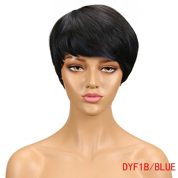 Rebecca машина сделал короткие прямые волосы парик перуанский Remy человеческие волосы парики для черных женщин коричневый красный смешанный цвет парик - Цвет волос: DYF1B BLUE
