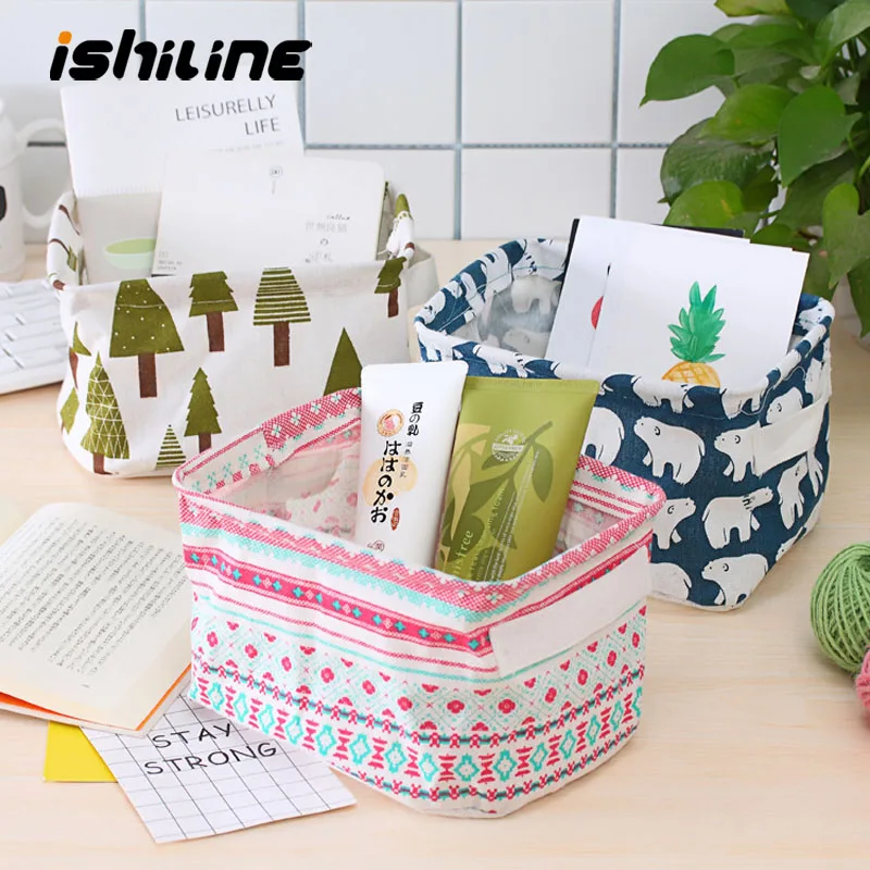 Desktop Storage Box Cute Printing Waterproof Organizer Cotton Linen Sundries Storage Basket Cabinet Underwear Storage Bag