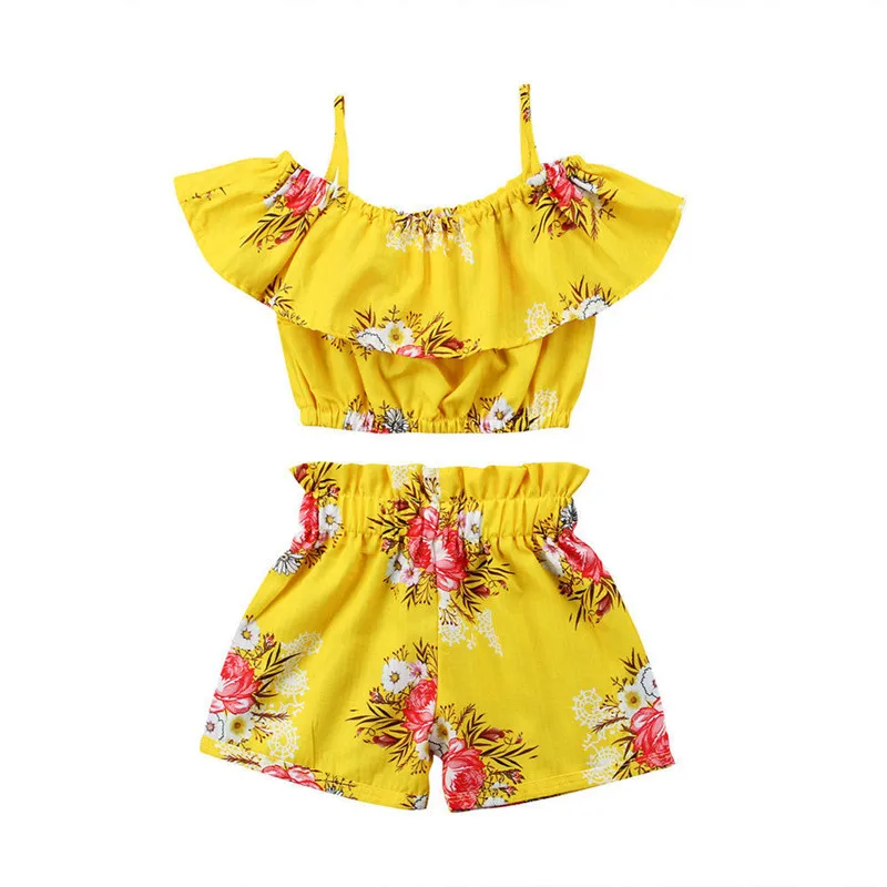 Новый Модный комплект одежды для маленьких девочек, топы на бретелях с цветочным принтом и оборками с открытыми плечами + короткие штаны