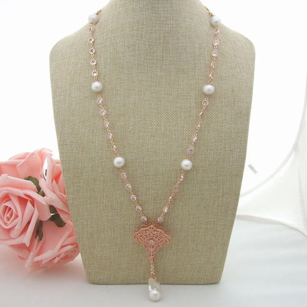26 White Keshi Pearl Necklace CZ Pendant in Chain Necklaces From 