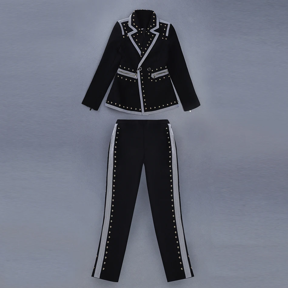 Winter black two-piece long-sleeved V-neck rivet blazer and high-waist pants casual women's suit celebrity runway party set