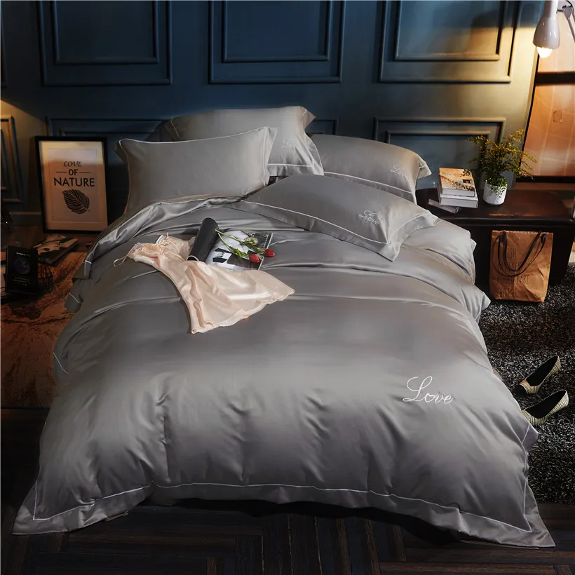 

4Pieces Silver White Cotton Imitate Silk Luxury Bedding sets Queen King size Duvet cover Fit sheet Bed sheet set Pillowcases