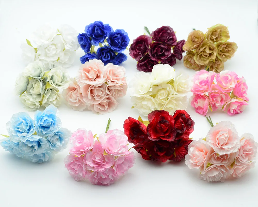 

6pcs/bundle Silk roses wedding home decoration accessories for christmas wreath fake plastic diy gifts box artificial flowers