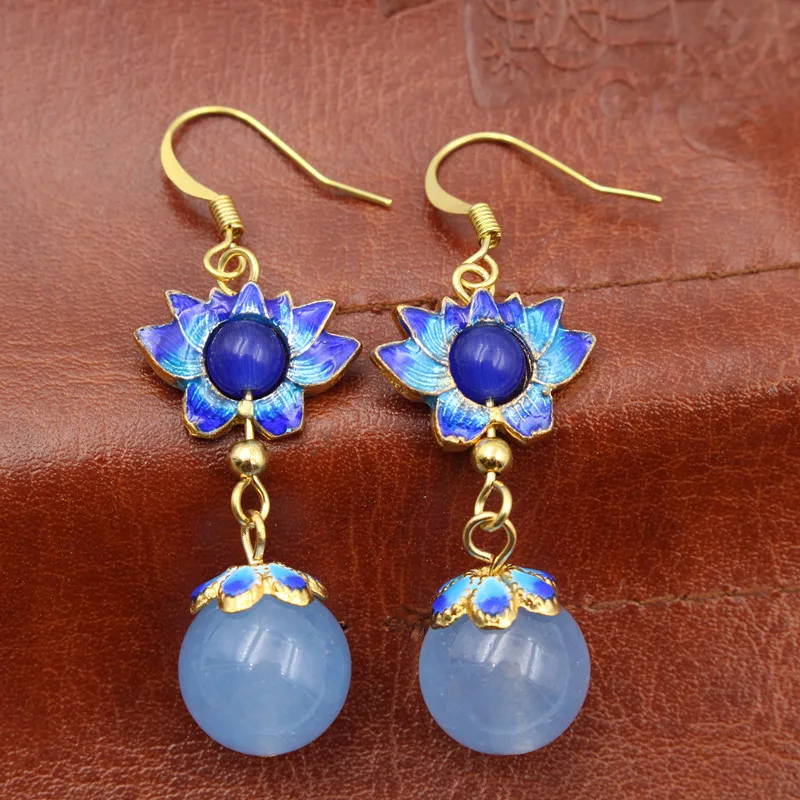 

Yanting Cloisonne lotus earrings for women blue chalcedony beads earings fashion jewelry ethnic earrings birthday gift 087