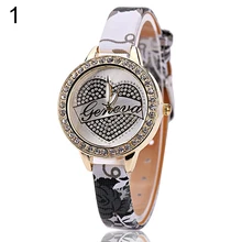 Women’s Geneva Love Heart Flower Faux Leather Band Rhinestone Quartz Wrist Watch