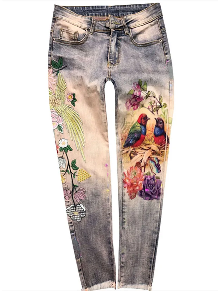 3D эластичные модные женские цветные джинсы с цветочным рисунком, джинсовые брюки, обтягивающие джинсы-карандаш размера плюс 32, винтажные - Цвет: Хаки