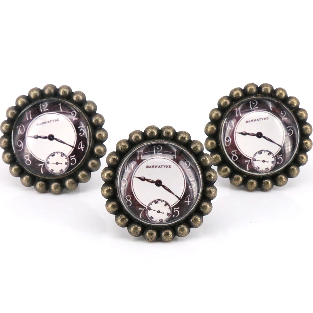 

5PCS Vintage Bronze / Glas Knobs Drawer Pulls Clock pattern Furniture Hardware Kitchen Cabinet Handles