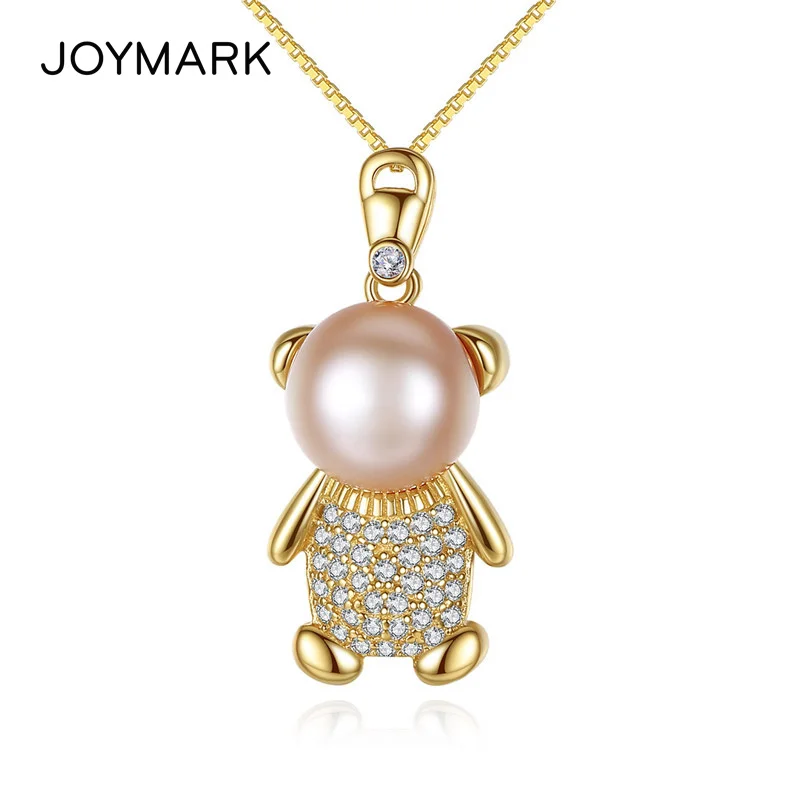 

JOYMARK Zircon Pave Cute Bear Freshwater Pearl Pendant Necklace With 925 Silver Chain High Quality Jewelry Christmas Gift JPN308