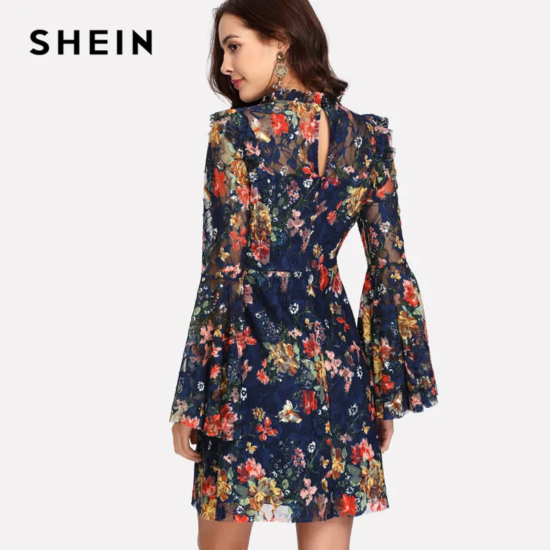 SHEIN Цветочное Кружевное Платье С Оригинальным Рукавом Женское Весеннее