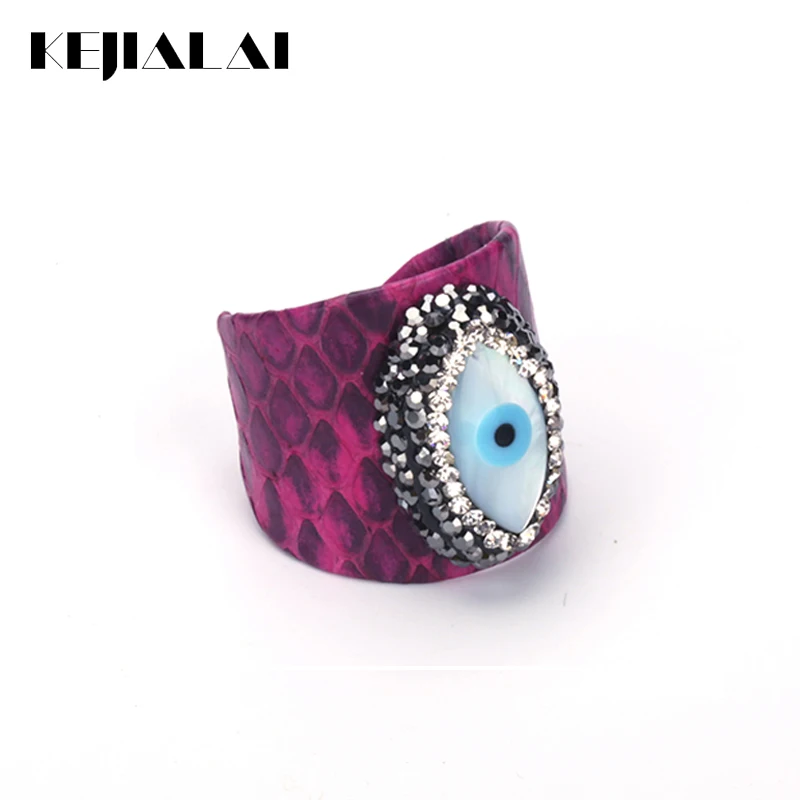 

KEJIALAI Luxury Jewelry Natural Evil Eye Cameo Shell Rhinestone Charm Hot Pink Snake Leather Adjustable Open Ring Cuff Women
