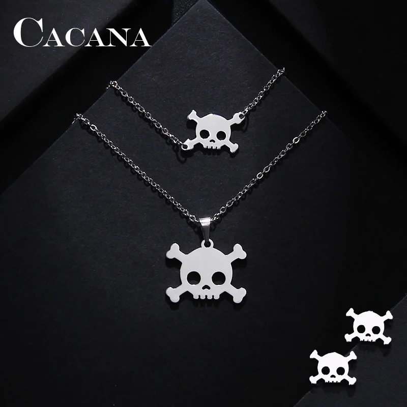 CACANA Stainless Steel Sets For Women Skull Shape Necklace Bracelet Earring Jewelry Lover's Engagement Jewelry S67