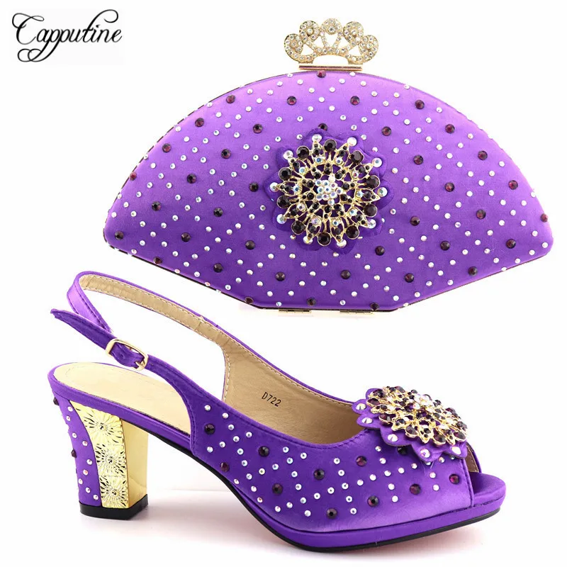 

New European Style Rhinestone Shoes And Evening Bag Set Fashion Woman Purple High Heel Shoes And Bag Set For Wedding TX-722