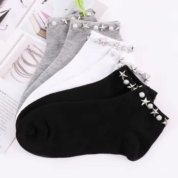

Handmade Rivet Pearl Stars Socks Women Hipster Socks Cotton Breathable Absorbent Ankle Sock Japan College Style calcetines mujer